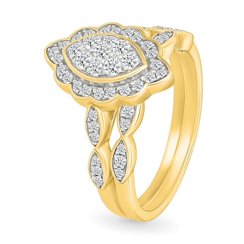 Main Image 2 of 0.45 CT. T.W. Marquise-Shaped Multi-Diamond Flower Frame Scallop Shank Bridal Set in 10K Gold