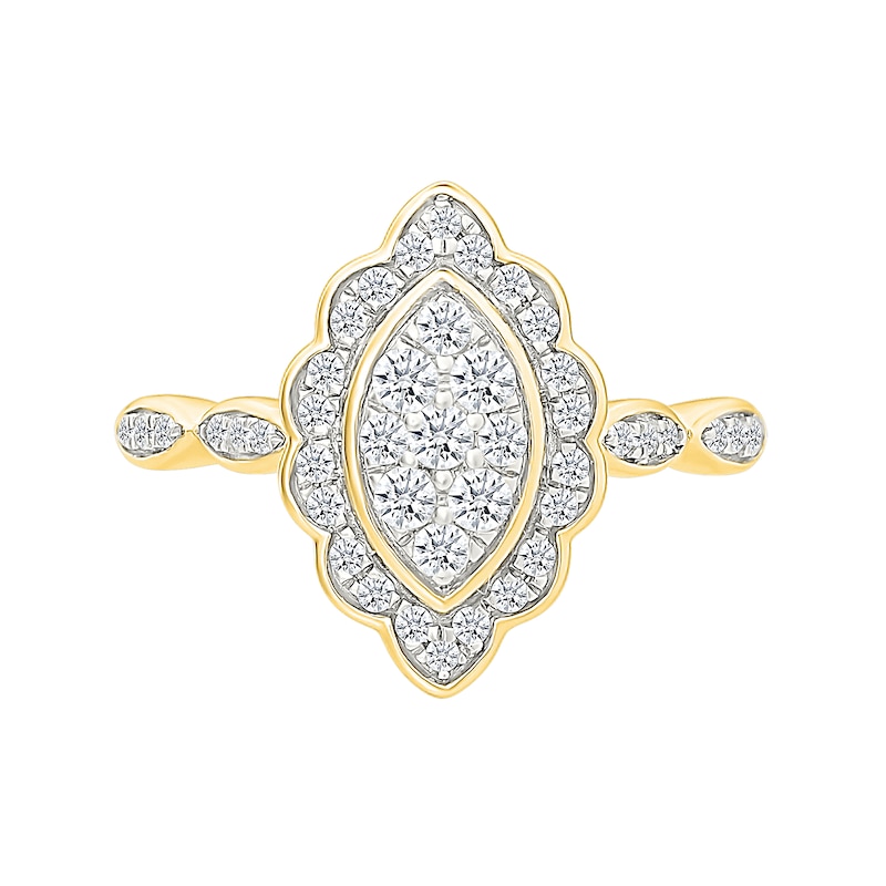 Main Image 3 of 0.45 CT. T.W. Marquise-Shaped Multi-Diamond Flower Frame Scallop Shank Bridal Set in 10K Gold