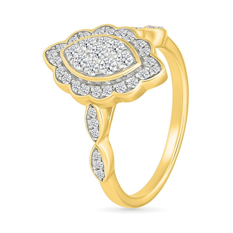 Main Image 4 of 0.45 CT. T.W. Marquise-Shaped Multi-Diamond Flower Frame Scallop Shank Bridal Set in 10K Gold