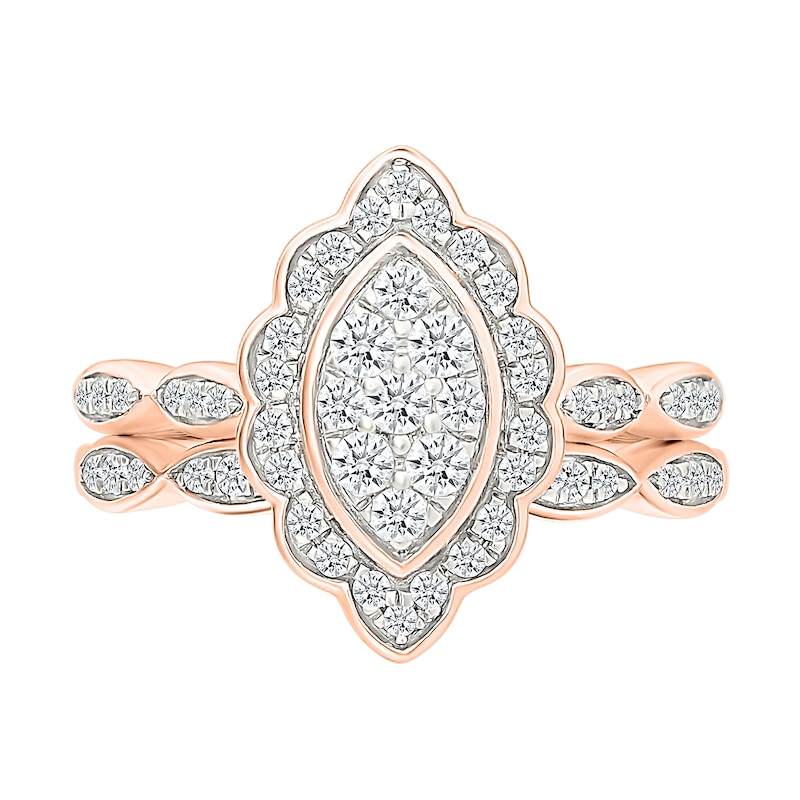 Main Image 1 of 0.45 CT. T.W. Marquise-Shaped Multi-Diamond Flower Frame Scallop Shank Bridal Set in 10K Rose Gold