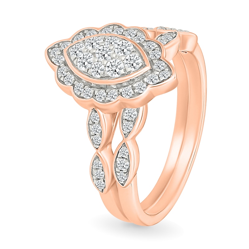 Main Image 2 of 0.45 CT. T.W. Marquise-Shaped Multi-Diamond Flower Frame Scallop Shank Bridal Set in 10K Rose Gold