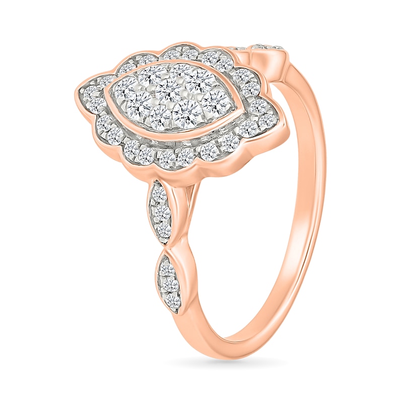 Main Image 4 of 0.45 CT. T.W. Marquise-Shaped Multi-Diamond Flower Frame Scallop Shank Bridal Set in 10K Rose Gold