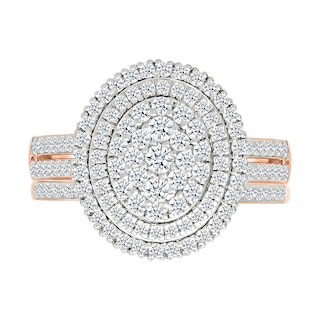 0.95 CT. T.W. Oval-Shaped Multi-Diamond Double Frame Double Row Bridal Set in 10K Rose Gold