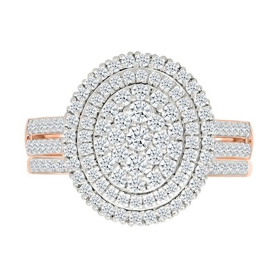 0.95 CT. T.W. Oval-Shaped Multi-Diamond Double Frame Double Row Bridal Set in 10K Rose Gold