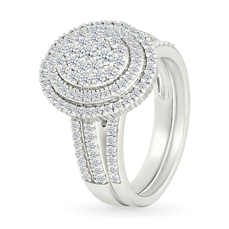 Main Image 2 of 0.95 CT. T.W. Oval-Shaped Multi-Diamond Double Frame Double Row Bridal Set in 10K White Gold