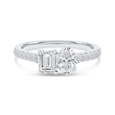 1.25 CT. T.W. Oval and Emerald-Cut Certified Lab-Created Diamond Engagement Ring in 14K Gold (F/VS2