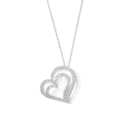1.00 CT. T.W. Diamond Tilted Double Heart Pendant in Sterling Silver