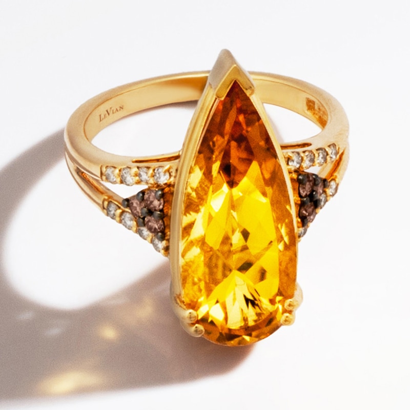 Main Image 4 of Le Vian® Pear-Shaped Cinnamon Citrine® and 0.23 CT. T.W. Diamond Split Shank Ring in 14K Honey Gold™ - Size 7