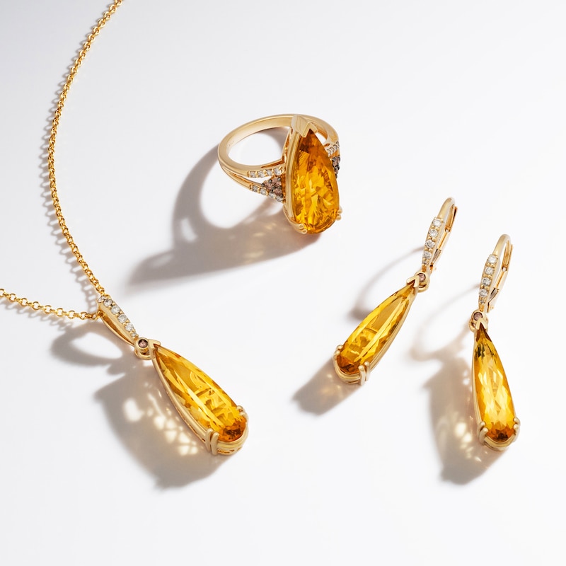 Main Image 5 of Le Vian® Pear-Shaped Cinnamon Citrine® and 0.23 CT. T.W. Diamond Split Shank Ring in 14K Honey Gold™ - Size 7