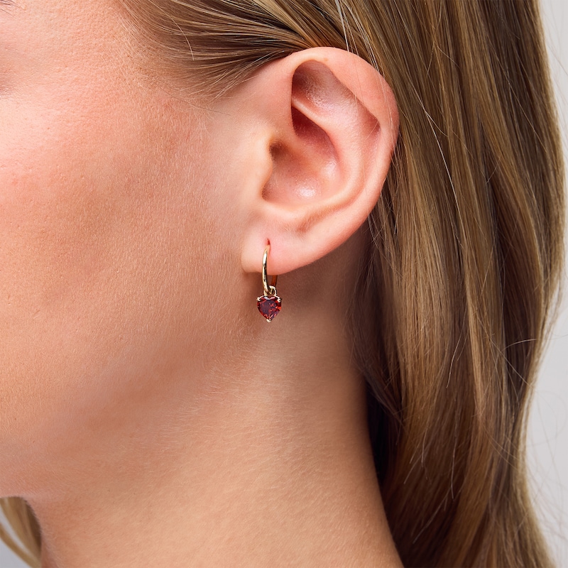 Main Image 2 of 6.0mm Heart-Shaped Garnet Hoop Drop Earrings in 10K Gold