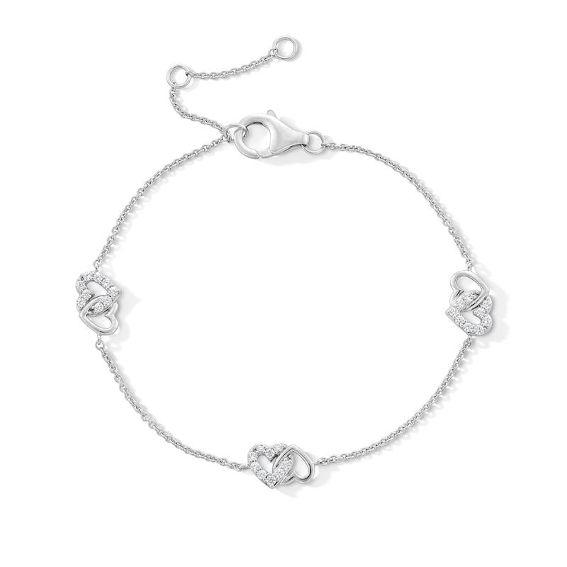 Main Image 1 of 0.25 CT. T.W. Certified Lab-Grown Diamond Double Heart Station Bracelet in Sterling Silver (I/I1) - 7.25”
