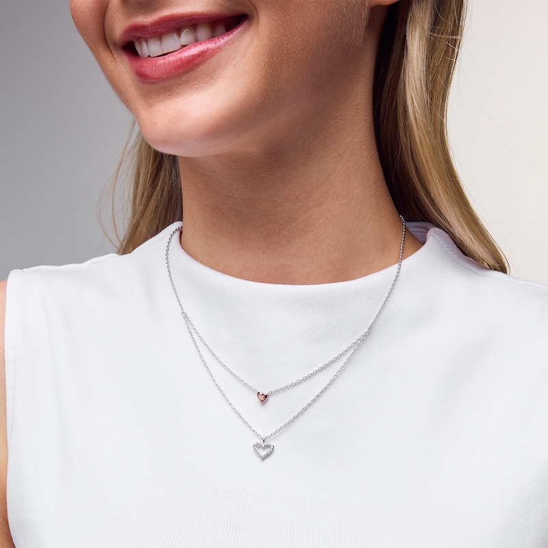 Main Image 2 of 0.085 CT. T.W. Diamond Layered Double Heart Necklace in Sterling Silver and 18K Rose Gold Plate - 19”