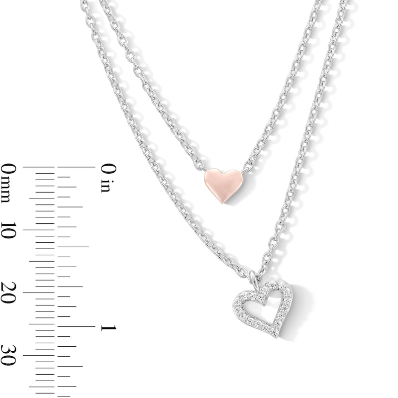Main Image 4 of 0.085 CT. T.W. Diamond Layered Double Heart Necklace in Sterling Silver and 18K Rose Gold Plate - 19”