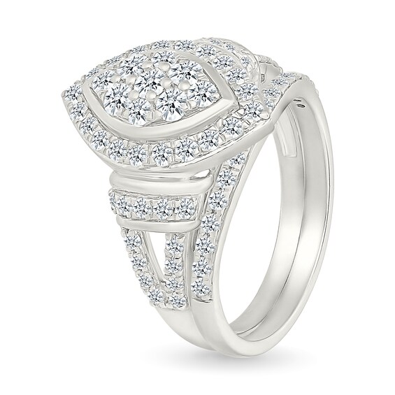 0.95 CT. T.W. Marquise-Shaped Multi-Diamond Frame Collar Split Shank Bridal Set in 10K Gold