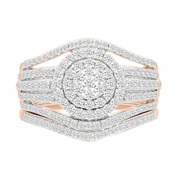 0.95 CT. T.W. Multi-Diamond Double Frame Multi-Row Split Shank Bridal Set in 10K Rose Gold