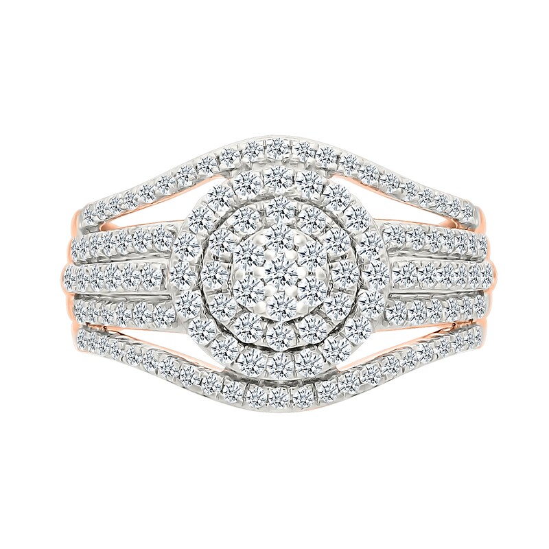 Main Image 3 of 0.95 CT. T.W. Multi-Diamond Double Frame Multi-Row Split Shank Bridal Set in 10K Rose Gold