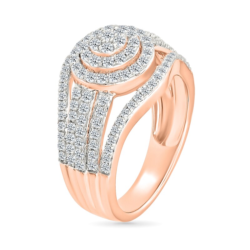 Main Image 4 of 0.95 CT. T.W. Multi-Diamond Double Frame Multi-Row Split Shank Bridal Set in 10K Rose Gold