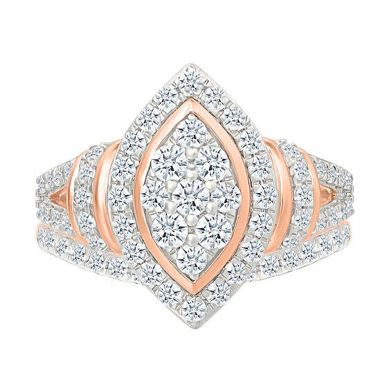 0.95 CT. T.W. Marquise-Shaped Multi-Diamond Frame Collar Split Shank Bridal Set in 10K Rose Gold
