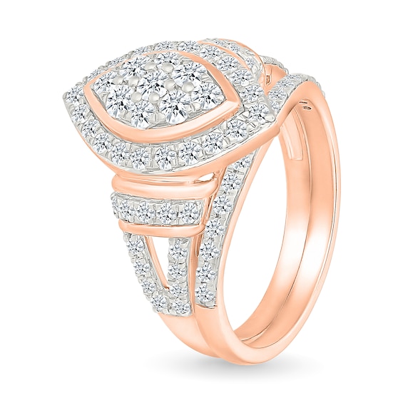 0.95 CT. T.W. Marquise-Shaped Multi-Diamond Frame Collar Split Shank Bridal Set in 10K Rose Gold