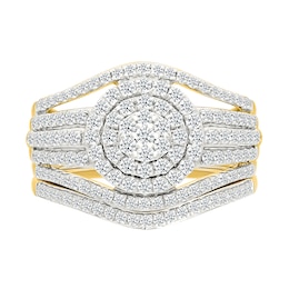0.95 CT. T.W. Multi-Diamond Double Frame Multi-Row Split Shank Bridal Set in 10K Gold