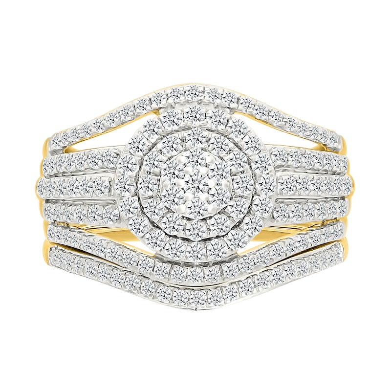 Main Image 1 of 0.95 CT. T.W. Multi-Diamond Double Frame Multi-Row Split Shank Bridal Set in 10K Gold
