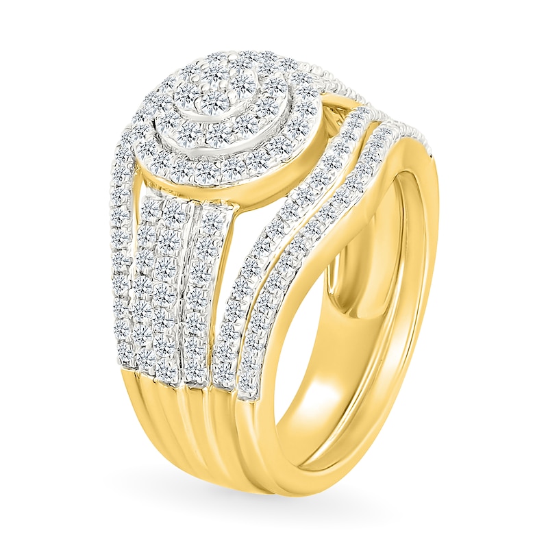 Main Image 2 of 0.95 CT. T.W. Multi-Diamond Double Frame Multi-Row Split Shank Bridal Set in 10K Gold