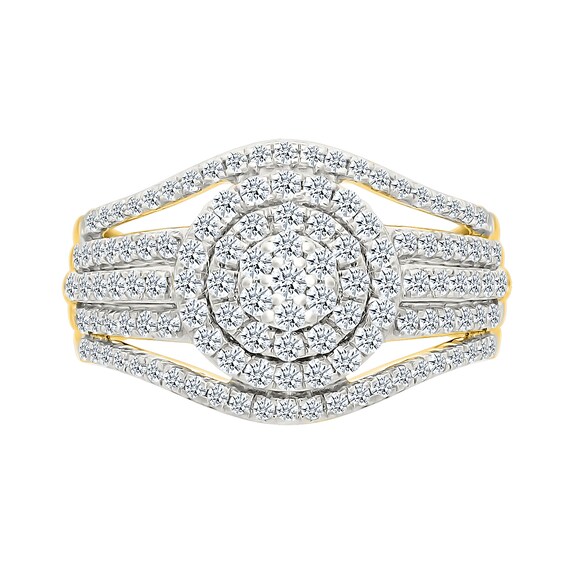 CT. T.W. Multi-Diamond Double Frame Multi-Row Split Shank Bridal Set in 10K Gold