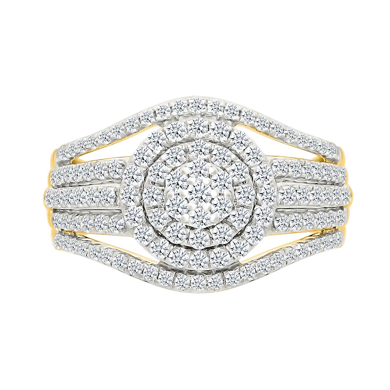 Main Image 3 of 0.95 CT. T.W. Multi-Diamond Double Frame Multi-Row Split Shank Bridal Set in 10K Gold