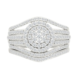 0.95 CT. T.W. Multi-Diamond Double Frame Multi-Row Split Shank Bridal Set in 10K White Gold
