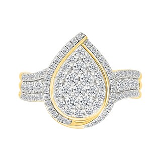 0.95 CT. T.W. Pear-Shaped Multi-Diamond Swirl Frame Triple Row Bridal Set in 10K Gold