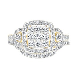0.95 CT. T.W. Cushion-Shaped Multi-Diamond Frame Collar Bridal Set in 10K Gold