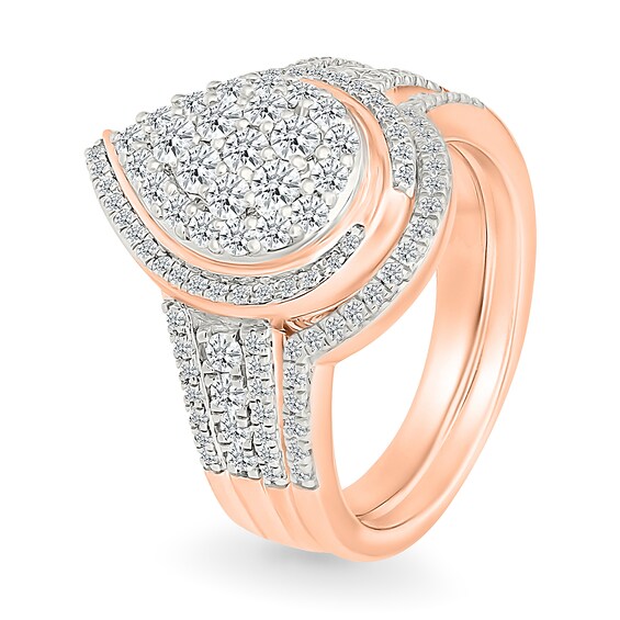 0.95 CT. T.W. Pear-Shaped Multi-Diamond Swirl Frame Triple Row Bridal Set in 10K Rose Gold