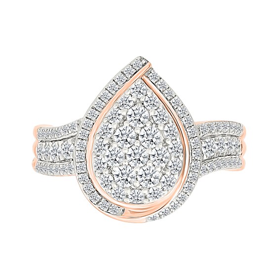 0.95 CT. T.W. Pear-Shaped Multi-Diamond Swirl Frame Triple Row Bridal Set in 10K Rose Gold