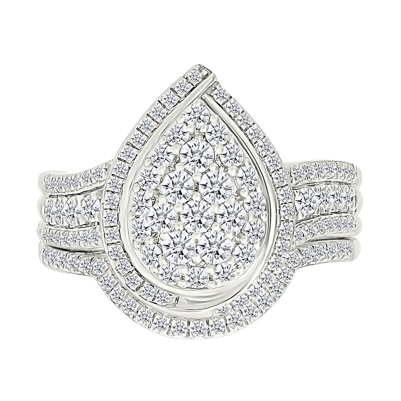 0.95 CT. T.W. Pear-Shaped Multi-Diamond Swirl Frame Triple Row Bridal Set in 10K White Gold