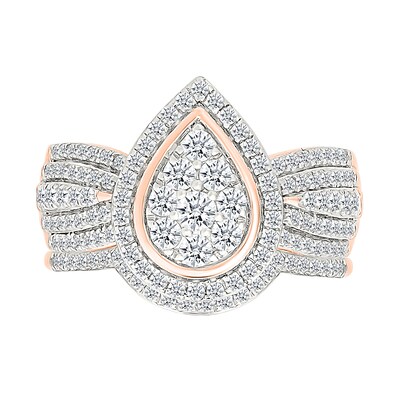 0.95 CT. T.W. Pear-Shaped Multi-Diamond Frame Multi-Row Bridal Set in 10K Rose Gold