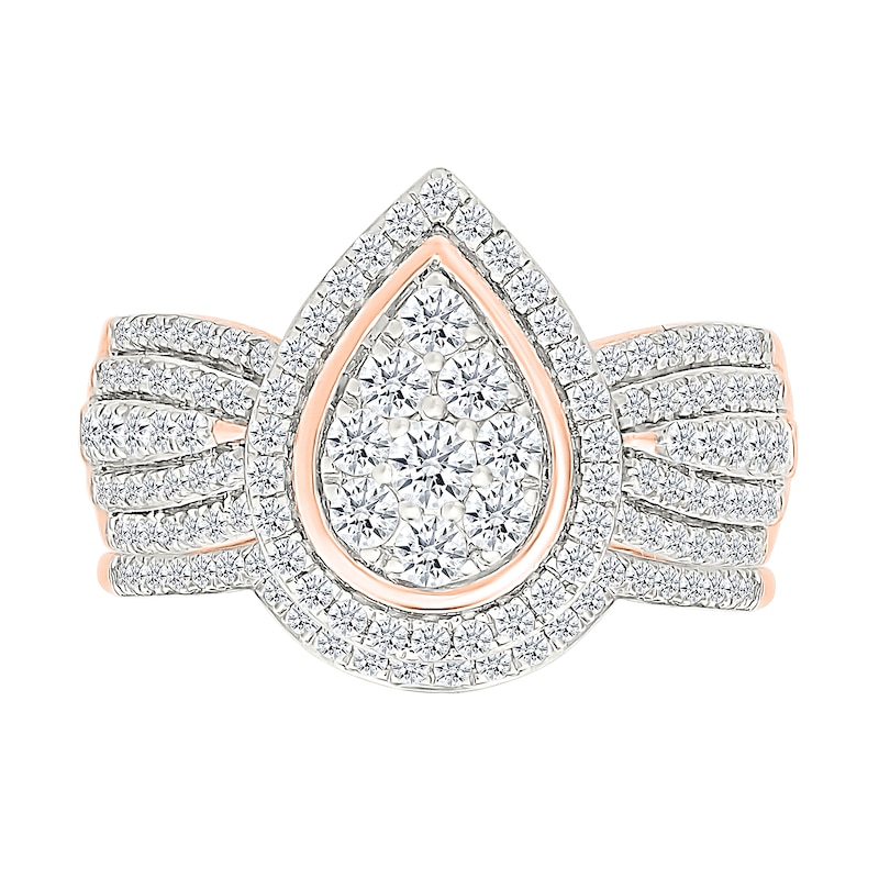 Main Image 1 of 0.95 CT. T.W. Pear-Shaped Multi-Diamond Frame Multi-Row Bridal Set in 10K Rose Gold