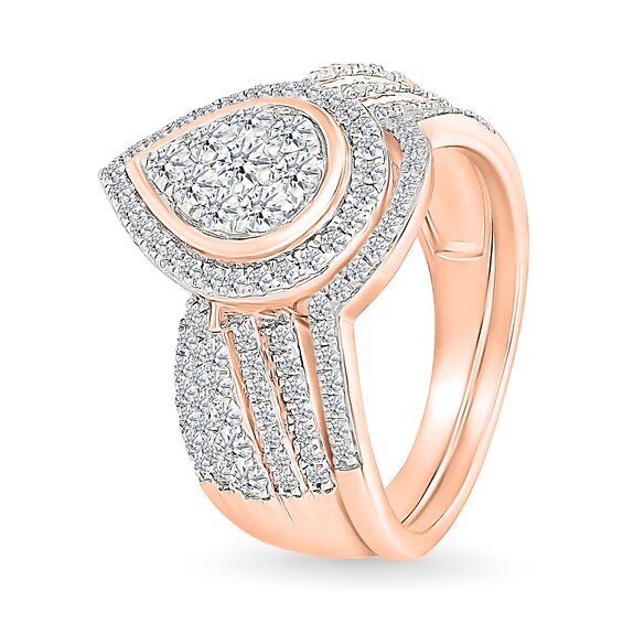 0.95 CT. T.W. Pear-Shaped Multi-Diamond Frame Multi-Row Bridal Set in 10K Rose Gold