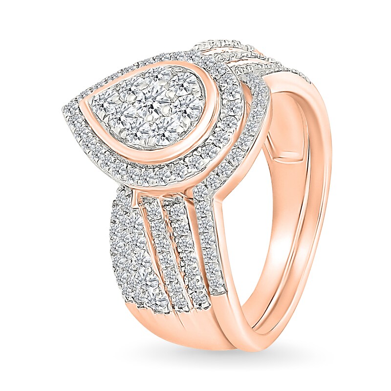 Main Image 2 of 0.95 CT. T.W. Pear-Shaped Multi-Diamond Frame Multi-Row Bridal Set in 10K Rose Gold