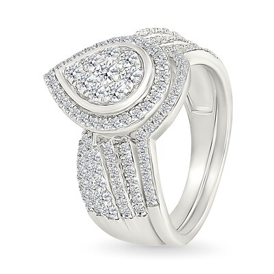 0.95 CT. T.W. Pear-Shaped Multi-Diamond Frame Multi-Row Bridal Set in 10K Gold