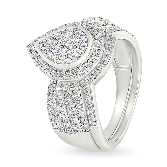 0.95 CT. T.W. Pear-Shaped Multi-Diamond Frame Multi-Row Bridal Set in 10K Gold