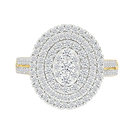1.23 CT. T.W. Oval-Shaped Multi-Diamond Triple Frame Double Row Shank Bridal Set in 10K Gold
