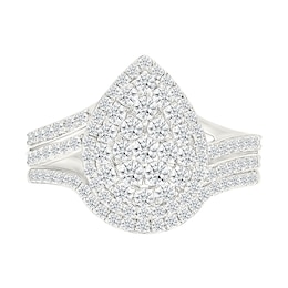 0.95 CT. T.W. Pear-Shaped Multi-Diamond Double Frame Double Row Bypass Shank Bridal Set in 10K White Gold