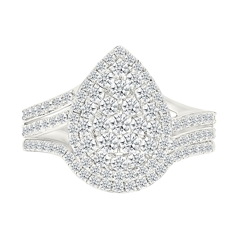 Main Image 1 of 0.95 CT. T.W. Pear-Shaped Multi-Diamond Double Frame Double Row Bypass Shank Bridal Set in 10K White Gold