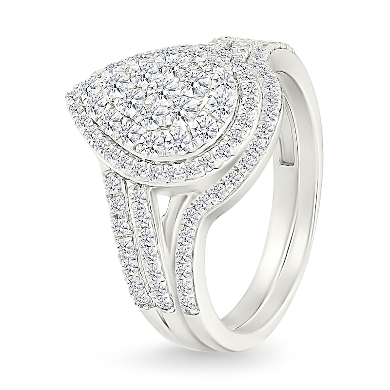 Main Image 2 of 0.95 CT. T.W. Pear-Shaped Multi-Diamond Double Frame Double Row Bypass Shank Bridal Set in 10K White Gold