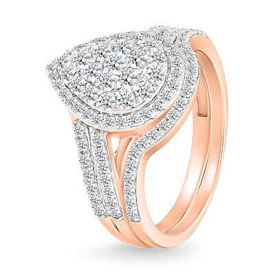 0.95 CT. T.W. Pear-Shaped Multi-Diamond Double Frame Double Row Bypass Shank Bridal Set in 10K Rose Gold