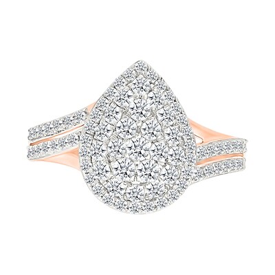 0.95 CT. T.W. Pear-Shaped Multi-Diamond Double Frame Double Row Bypass Shank Bridal Set in 10K Rose Gold