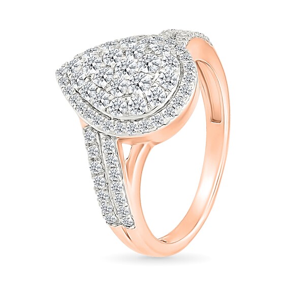 0.95 CT. T.W. Pear-Shaped Multi-Diamond Double Frame Double Row Bypass Shank Bridal Set in 10K Rose Gold
