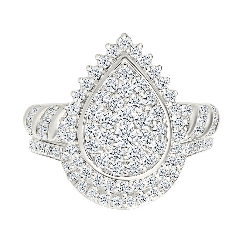 0.95 CT. T.W. Pear-Shaped Multi-Diamond Sunburst Frame Bridal Set in 10K White Gold