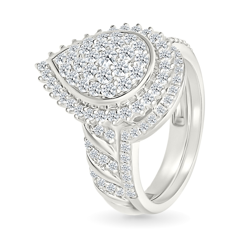 0.95 CT. T.W. Pear-Shaped Multi-Diamond Sunburst Frame Bridal Set in 10K White Gold