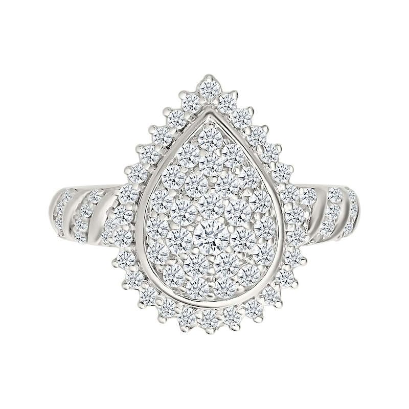 0.95 CT. T.W. Pear-Shaped Multi-Diamond Sunburst Frame Bridal Set in 10K White Gold